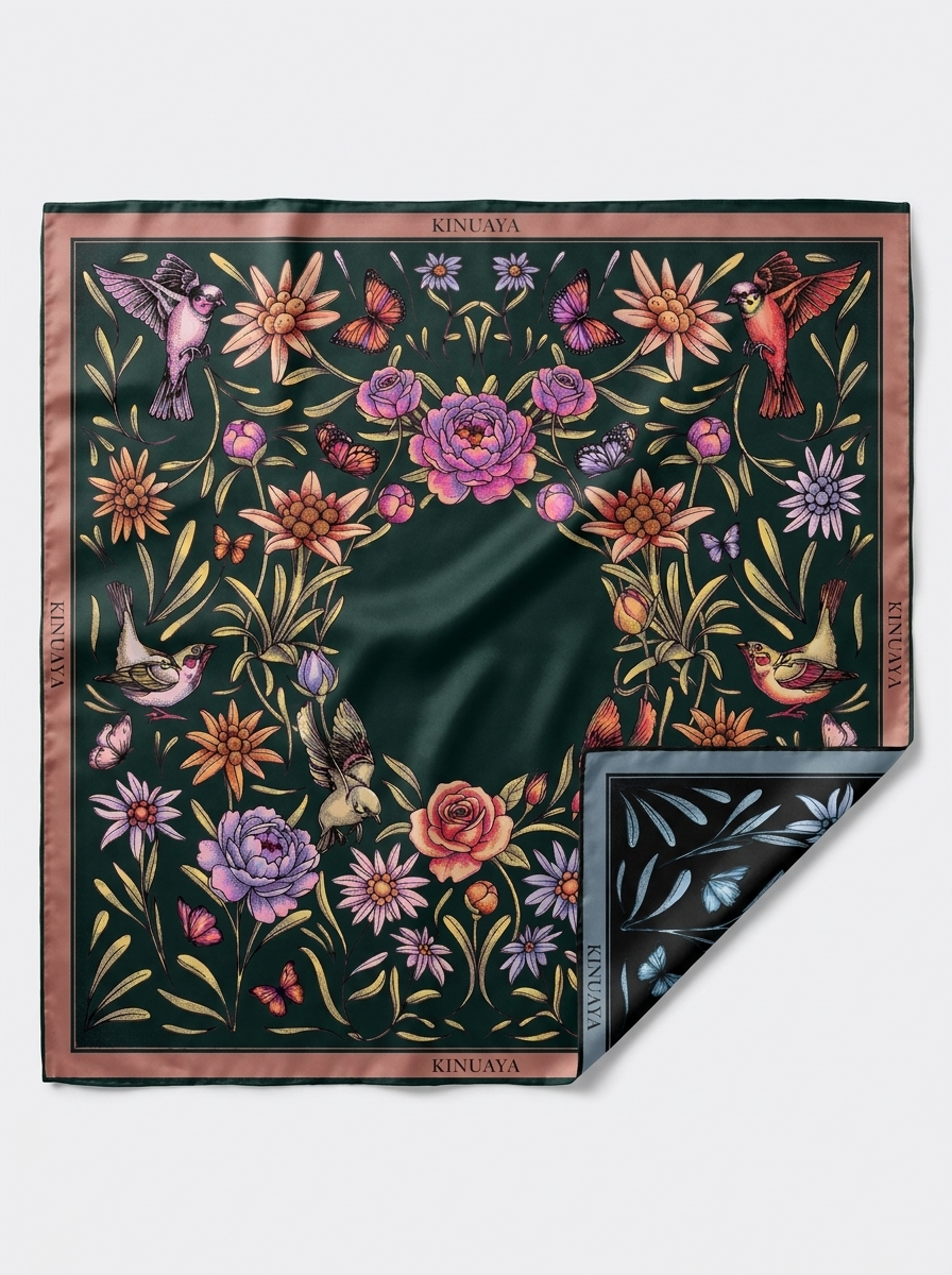 Kinuaya Seidenweiches Tuch Alpina Botanical Black 90x90