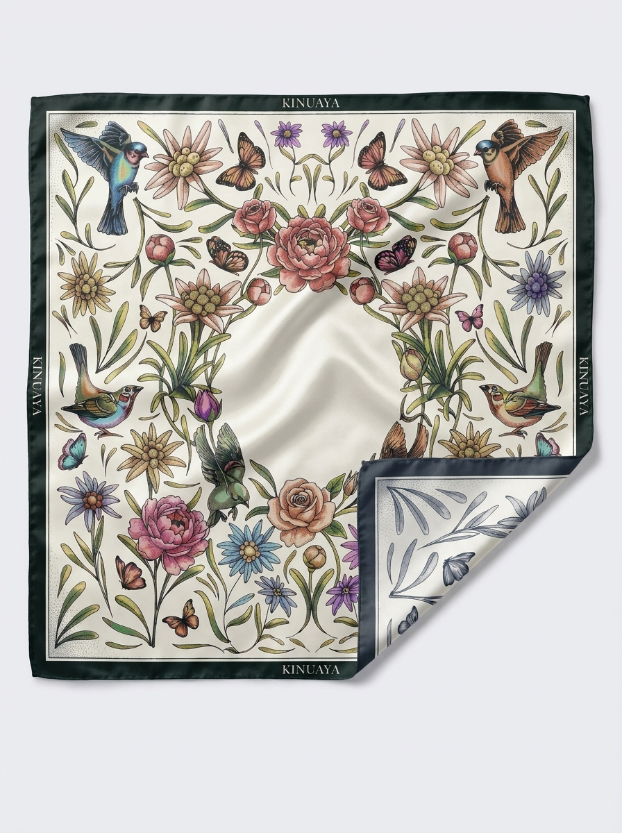 Kinuaya Seidenweiches Tuch Alpina Botanical White 90x90