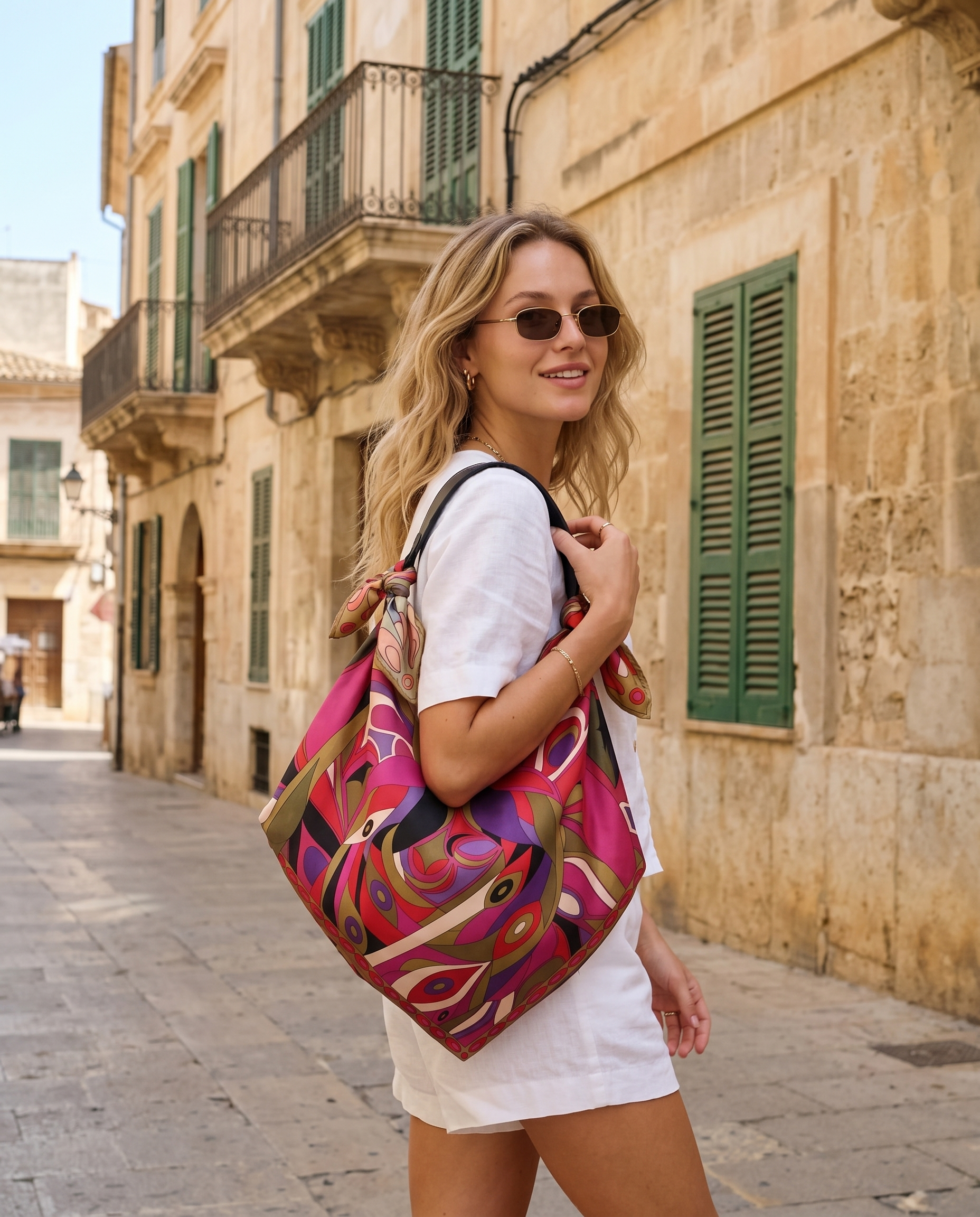 Taschenriemen Schwarz in der Stadt mit Seidentuch